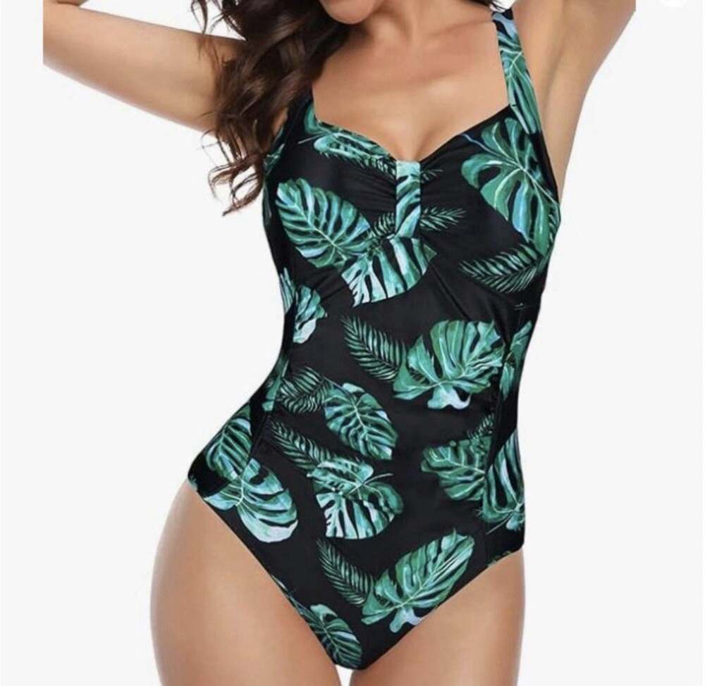 Tempt Me Women's Green Leaves One Piece Swimsuit Adjustable Straps Size XXL NWT